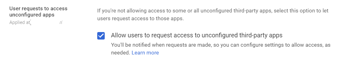 Google Admin Console screenshot: App Access Request and Approval Workflow Enabled at Security > Access and data control > API controls > Settings