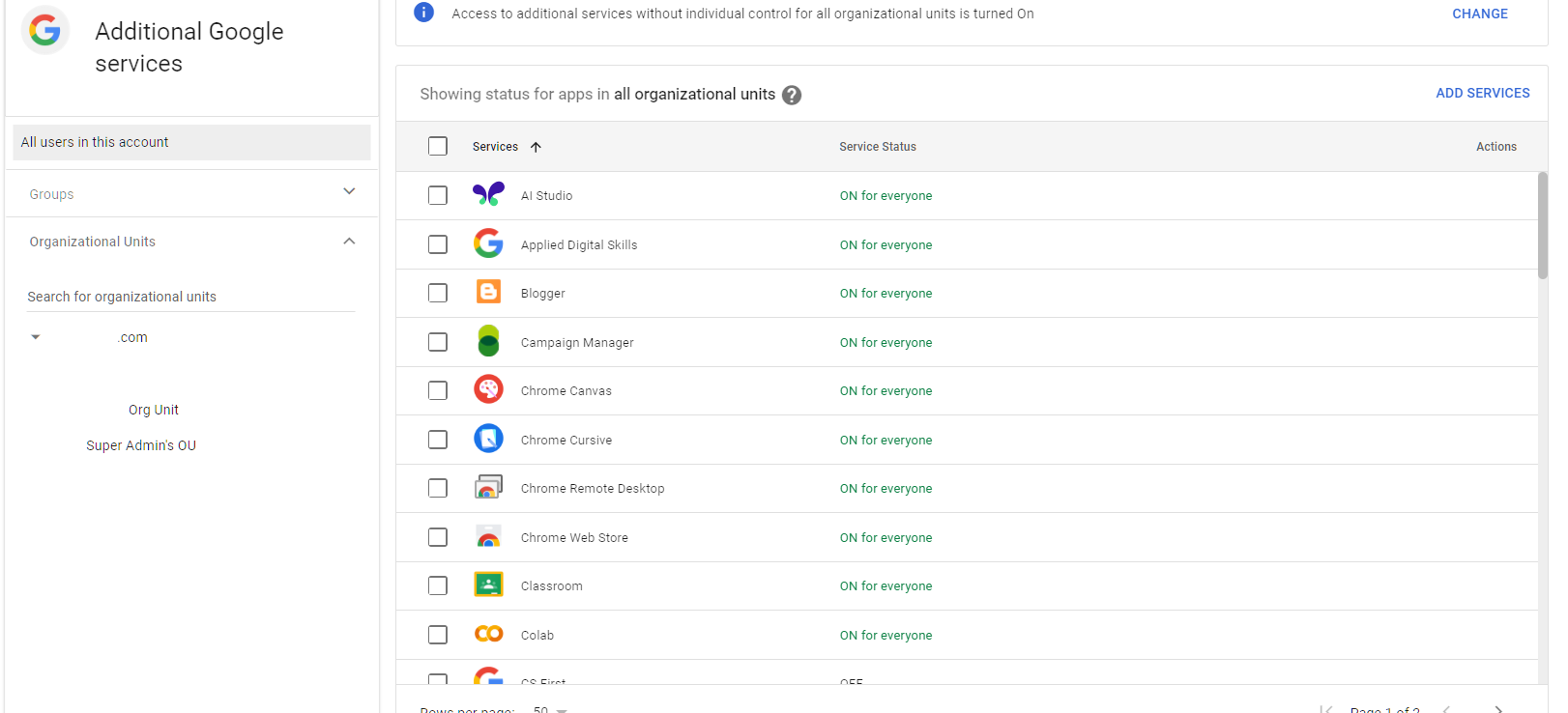 Google Admin Console screenshot: Additional Non-Core Google Applications Turned OFF at Apps > Additional Google Services