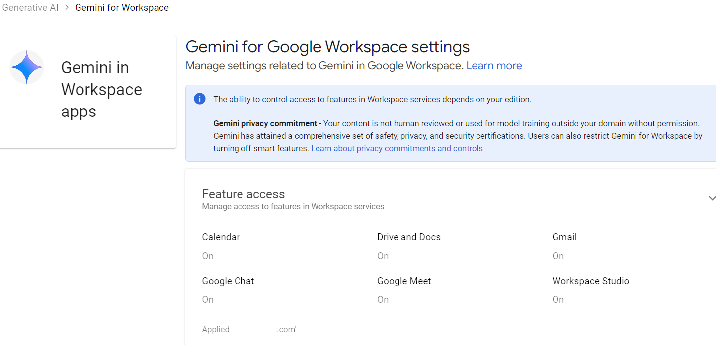 Google Admin Console screenshot: Gemini Access and Feature Controls Configured per OU at Generative AI > Gemini App > Gemini for Workspace