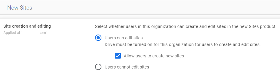 Google Admin Console screenshot: Google Sites Creation Restricted at Apps > Google Workspace > Sites