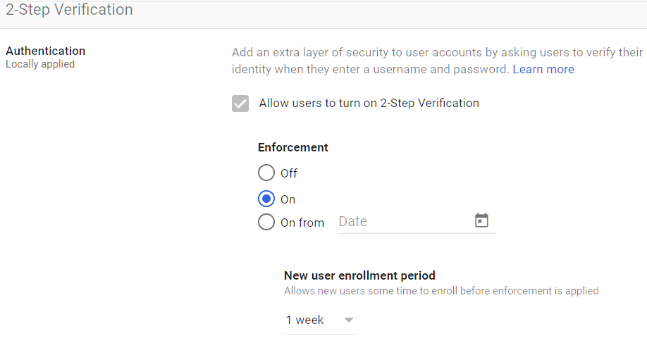 Google Admin Console screenshot: Two-Step Verification Enforcement at Security > 2-Step Verification