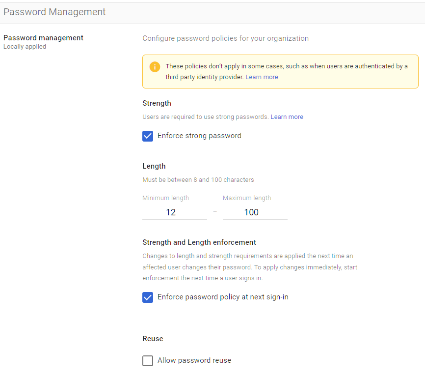 Google Admin Console screenshot: Password Management at Security > Password Management