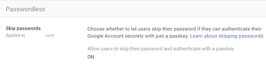 Google Admin Console screenshot: Passkeys Allowed at Security > Passwordless