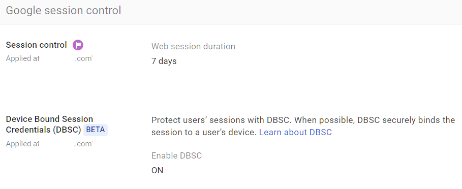 Google Admin Console screenshot: Session Timeout & Re-Authentication at Security > Access and data controls > Google session control