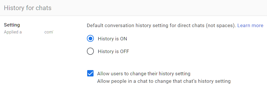 Google Admin Console screenshot: Google Chat History Settings Configured at Apps > Google Workspace > Google Chat > History for Chats / History for Spaces