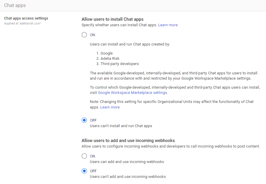Google Admin Console screenshot: Chat Apps Disabled at Apps > Google Workspace > Google Chat > Chat Apps