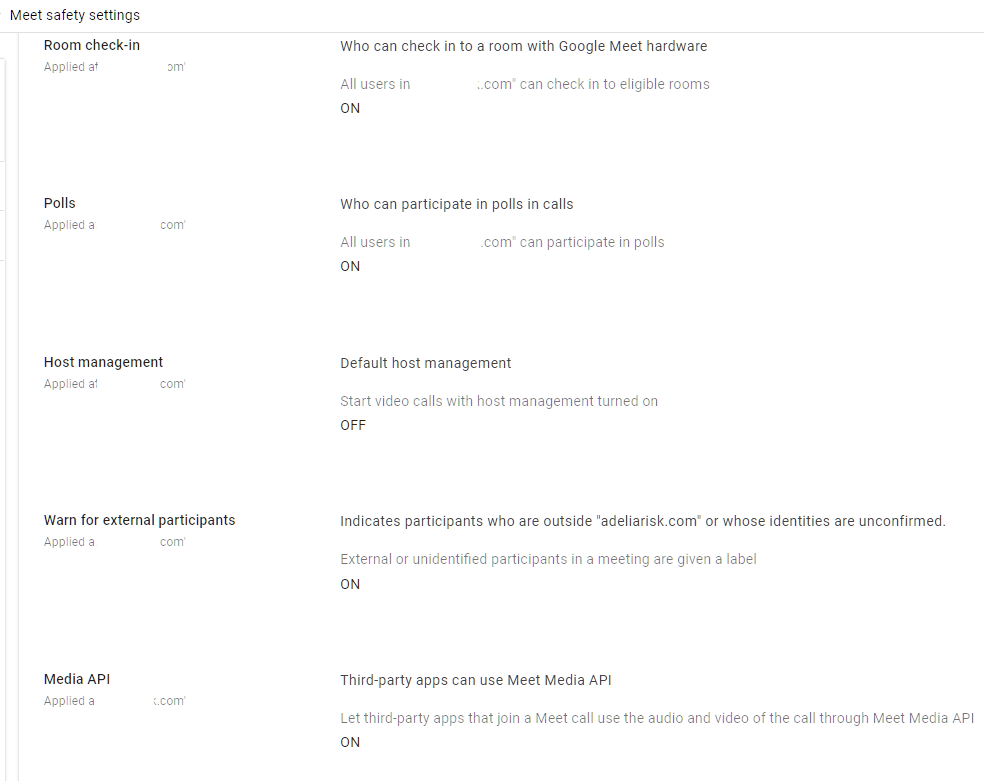 Google Admin Console screenshot: Google Meet Safety Settings Configured at Apps > Google Workspace > Google Meet > Meet Safety Settings