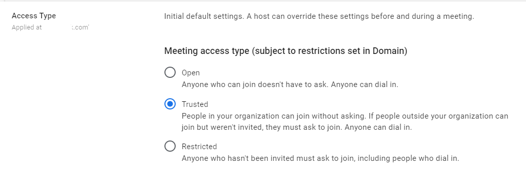 Google Admin Console screenshot: Meet External Participant Controls Configured at Apps > Google Workspace > Google Meet > Meet Safety Settings