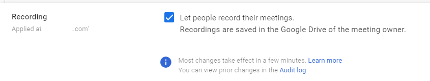 Google Admin Console screenshot: Meet Recording Controls Configured at Apps > Google Workspace > Google Meet > Meet Video Settings