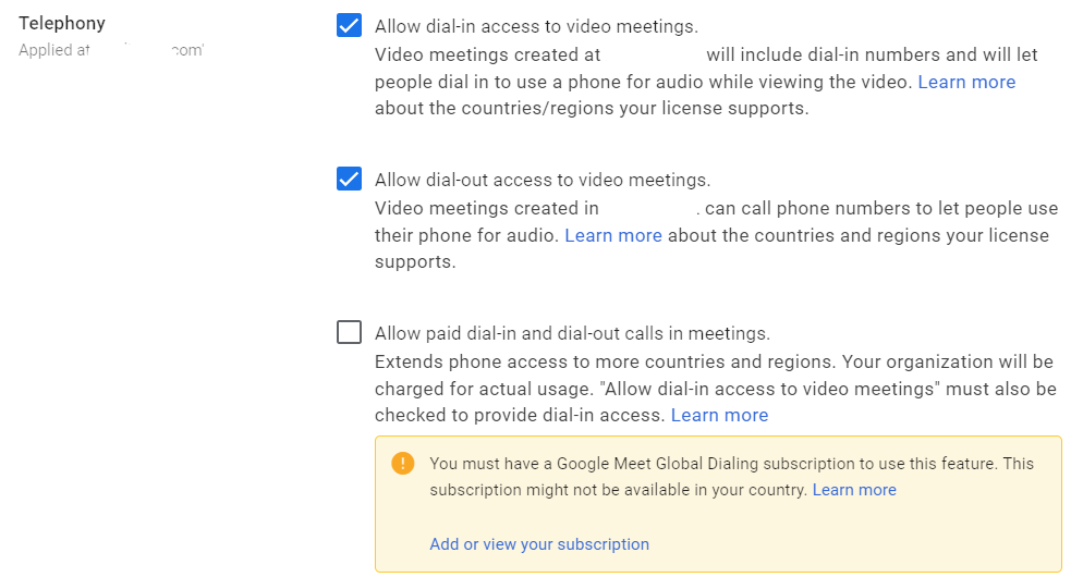 Google Admin Console screenshot: Meet PSTN Dial-In Controls Restricted at Apps > Google Workspace > Google Meet > Meet Video Settings