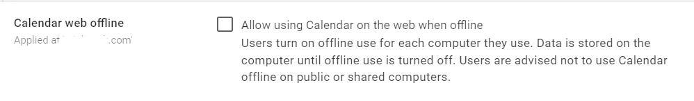 Google Admin Console screenshot: Calendar Offline Access Disabled at Apps > Google Workspace > Calendar > General Settings