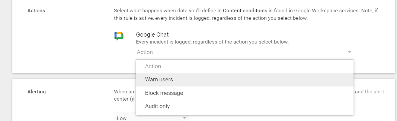 Google Admin Console screenshot: DLP Rules Configured for Chat (Enterprise SKU only) at Security > Access and Data Protection > Data protection