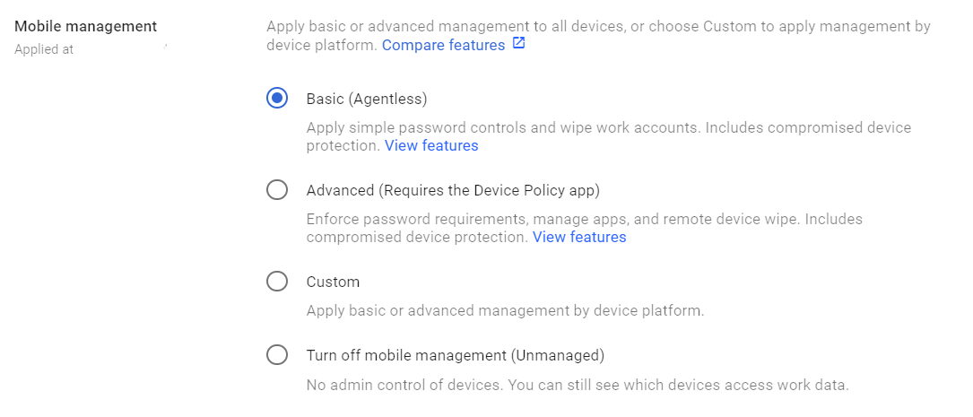 Google Admin Console screenshot: Mobile Device Management Enabled at Devices > Mobile & endpoints > Settings > Universal Settings > General > Mobile Management