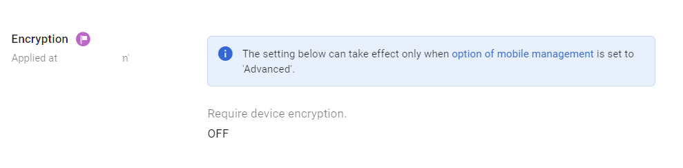 Google Admin Console screenshot: Mobile Device Encryption Required at Devices > Mobile & endpoints > Settings > Universal Settings > Security