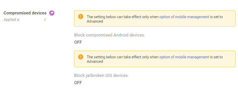 Google Admin Console screenshot: Compromised (Jailbroken/Rooted) Devices Blocked at Devices > Mobile & endpoints > Settings > Universal Settings > Security