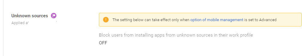 Google Admin Console screenshot: Unknown Sources and App Sideloading Blocked on Managed Devices at Devices > Mobile & endpoints > Settings > Android > Apps and data sharing