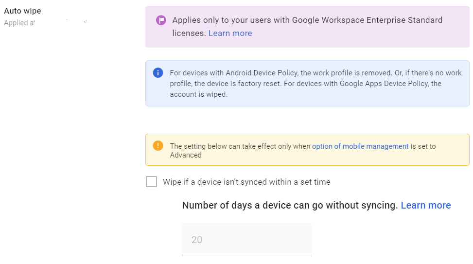 Google Admin Console screenshot: Auto Account Wipe on Inactive Devices Configured at Devices > Mobile & endpoints > Settings > Universal Settings > General
