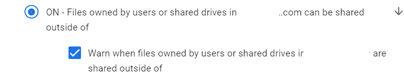 Google Admin Console screenshot: Warning for Out-of-Domain Sharing Enabled at Apps > Google Workspace > Drive and Docs > Sharing Settings