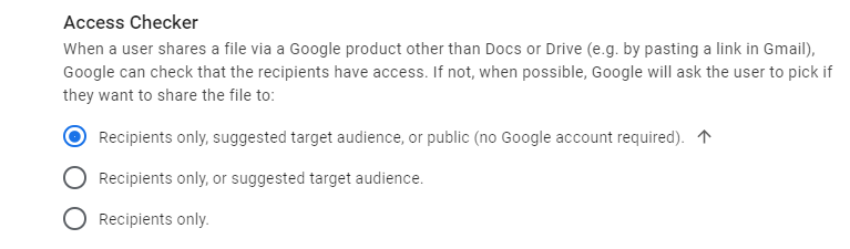 Google Admin Console screenshot: Access Checker Default Set to Recipients Only at Apps > Google Workspace > Drive and Docs > Sharing Settings