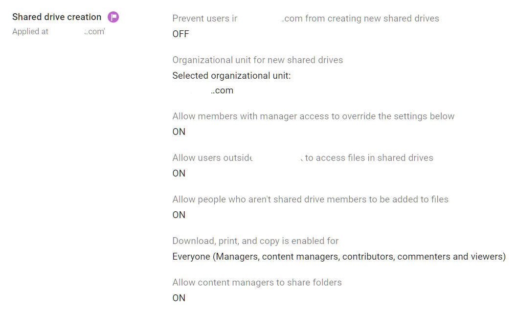 Google Admin Console screenshot: Shared Drive Settings Reviewed at Apps > Google Workspace > Drive and Docs > Sharing Settings (scroll to Shared Drive settings)