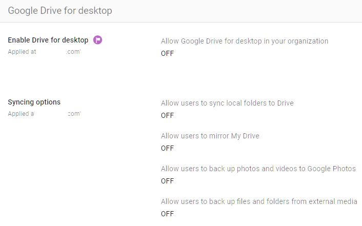 Google Admin Console screenshot: Local Syncing for Drive Configured Appropriately at Apps > Google Workspace > Drive and Docs > Google Drive for desktop