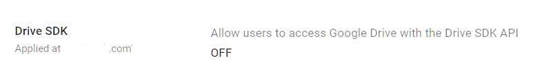Google Admin Console screenshot: Google Drive SDK Turned OFF at Apps > Google Workspace > Drive and Docs > Features and Applications