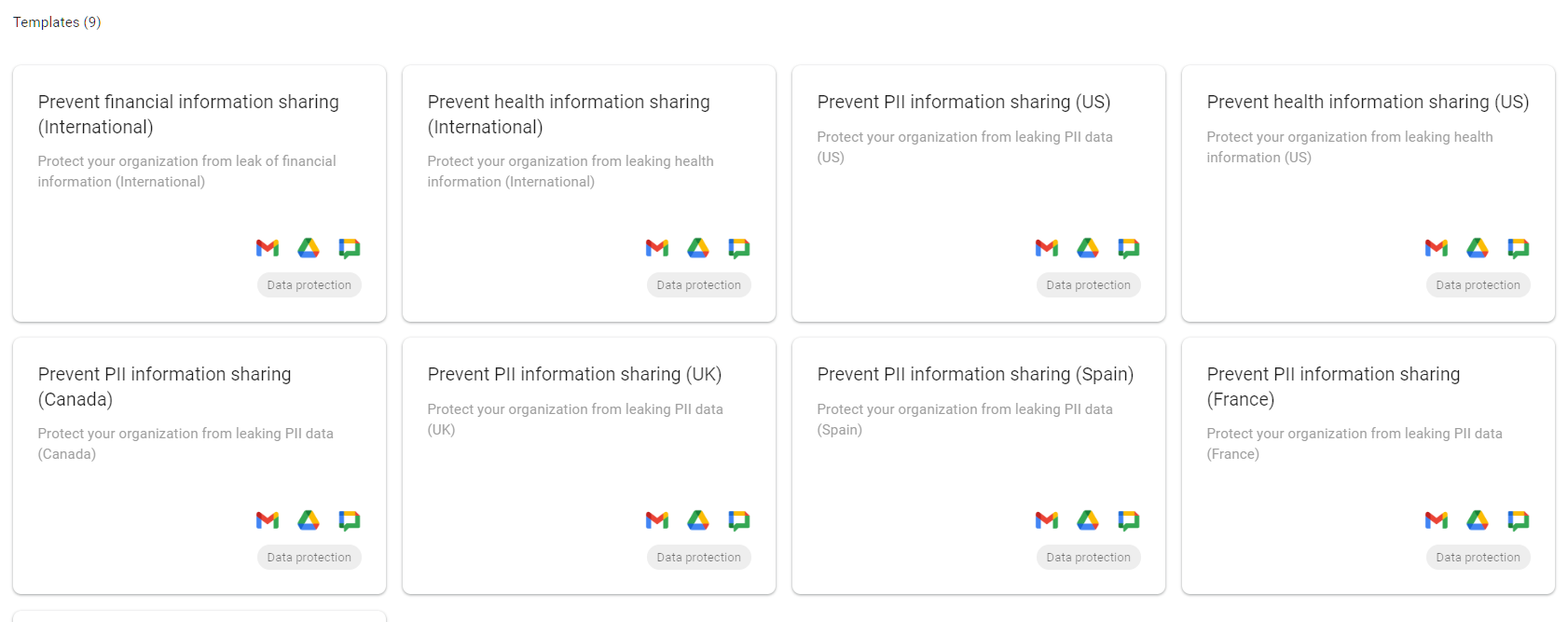 Google Admin Console screenshot: Data Loss Prevention Rules Configured for Drive (Enterprise SKU only) at Security > Access and data control > Data protection