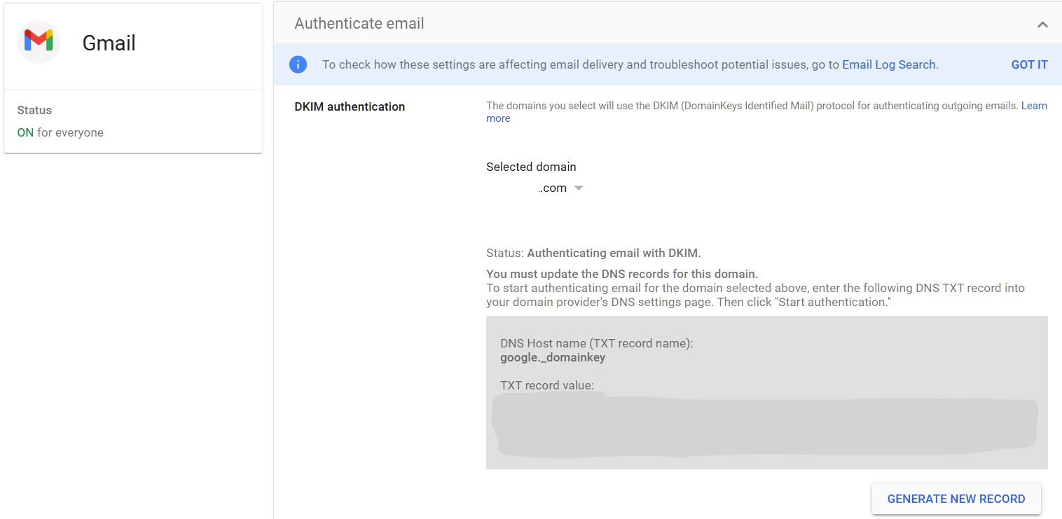 Google Admin Console screenshot: DKIM Enabled at Apps > Google Workspace > Gmail > Authenticate email