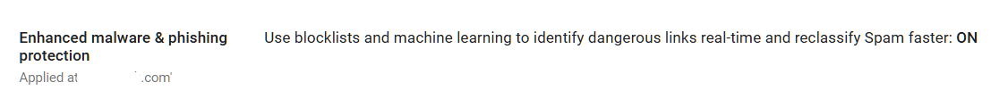 Google Admin Console screenshot: Gmail Enhanced Safe Browsing Enabled at Apps > Google Workspace > Gmail > Spam, Phishing and Malware