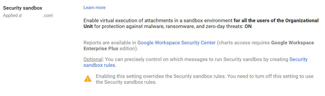 Google Admin Console screenshot: Security Sandbox Enabled at Apps > Google Workspace > Gmail > Spam, Phishing and Malware