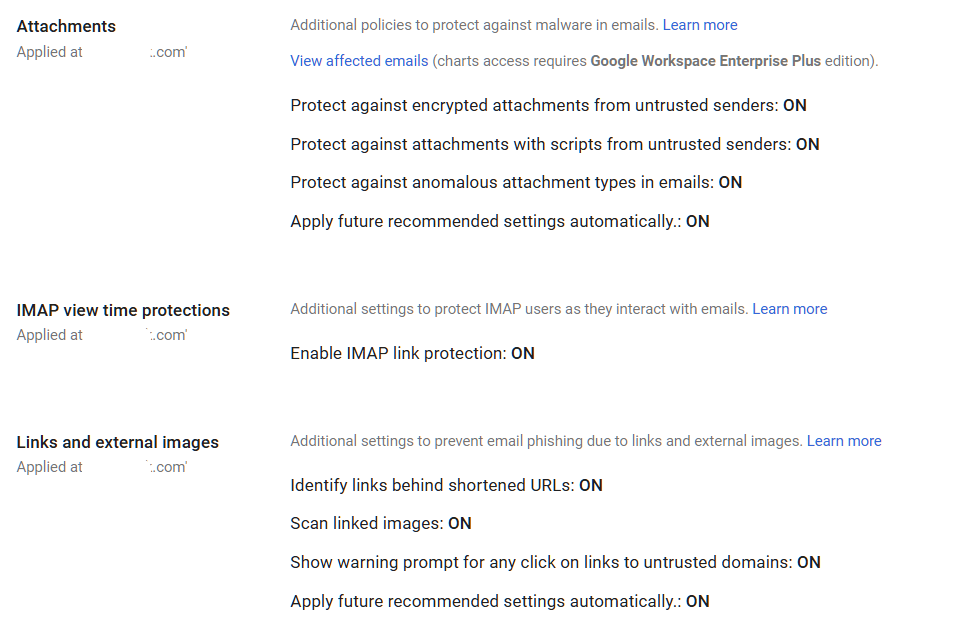 Google Admin Console screenshot: Gmail Safety Email Settings Turned ON at Apps > Google Workspace > Gmail > Safety