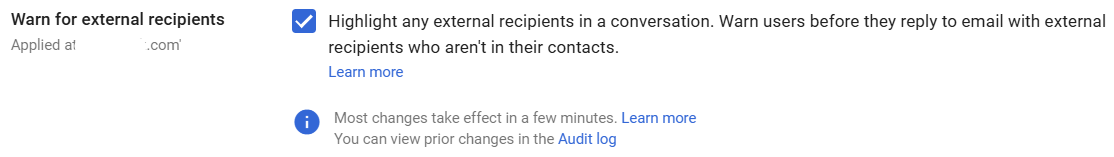 Google Admin Console screenshot: External Reply Warning Enabled at Apps > Google Workspace > Gmail > End User Access