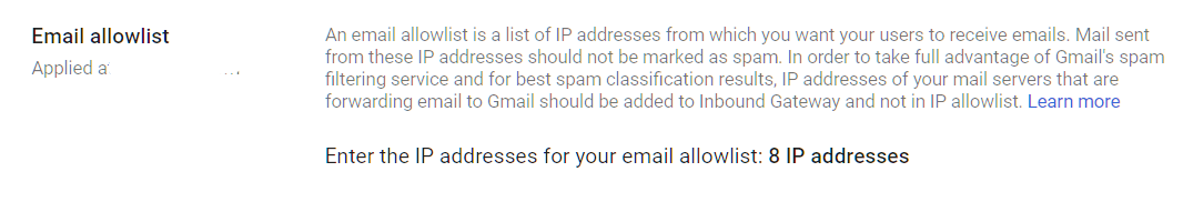 Google Admin Console screenshot: Email Allowlist Minimized or Empty at Apps > Google Workspace > Gmail > Spam, Phishing and Malware > Email allowlist