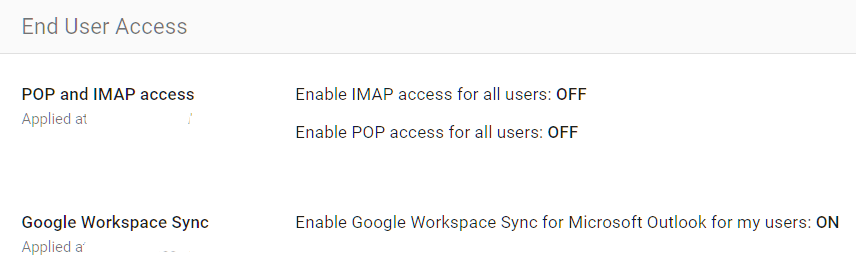 Google Admin Console screenshot: Gmail End User Access Settings Configured at Apps > Google Workspace > Gmail > End-user access
