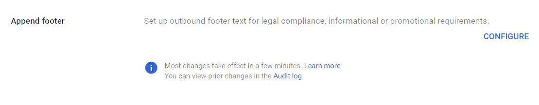 Google Admin Console screenshot: Outbound Email Disclaimer Configured at Apps > Google Workspace > Gmail > Compliance > Append Footer