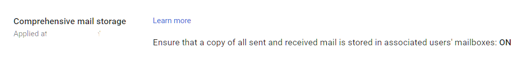Google Admin Console screenshot: Comprehensive Mail Storage Enabled at Apps > Google Workspace > Gmail > Compliance > Comprehensive mail storage