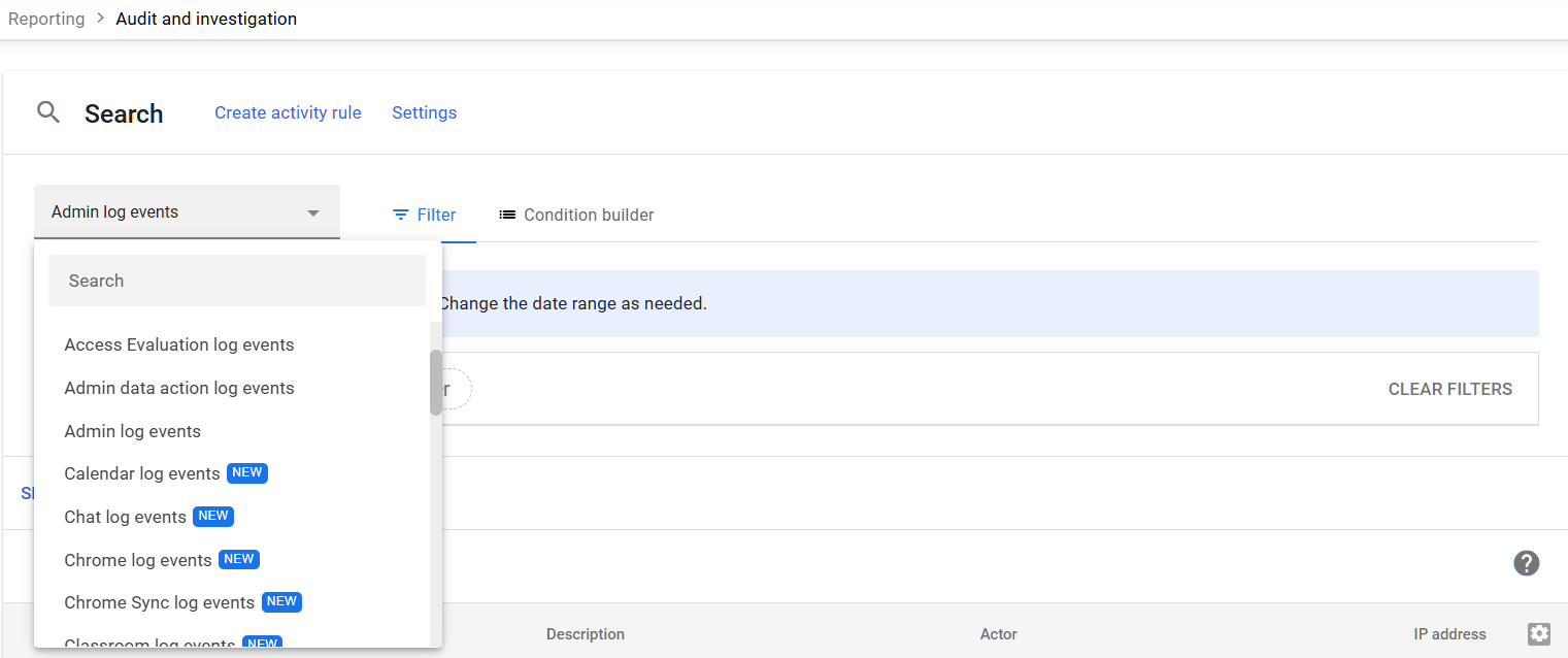 Google Admin Console screenshot: Google Audit Logs Reviewed at Reporting > Audit and investigation > Admin log events