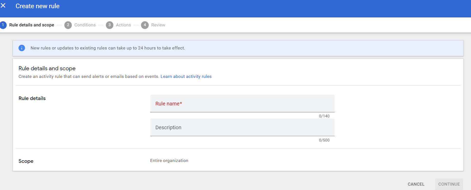 Google Admin Console screenshot: Email Notification Rules for Audit and Login Events at Rules > Create Rule > Activity