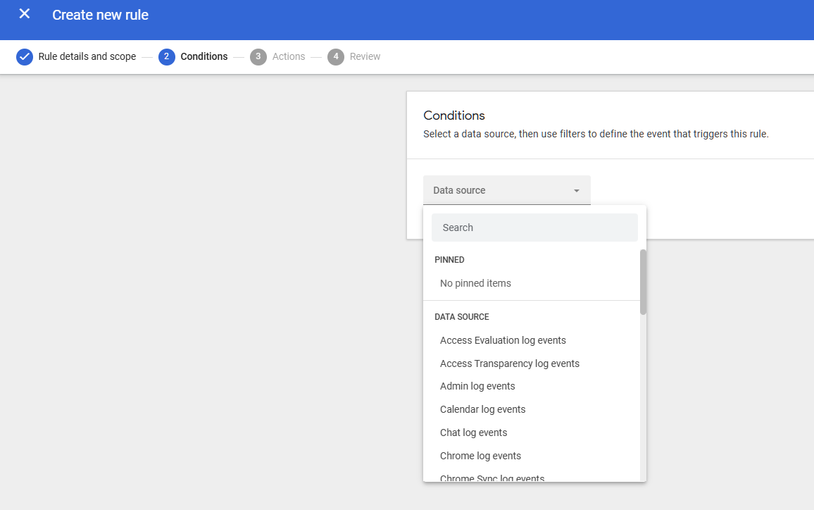 Google Admin Console screenshot: Activity Rules and Automated Response Configured [Enterprise SKU Only] at Rules > Automate actions for events > Create Rule