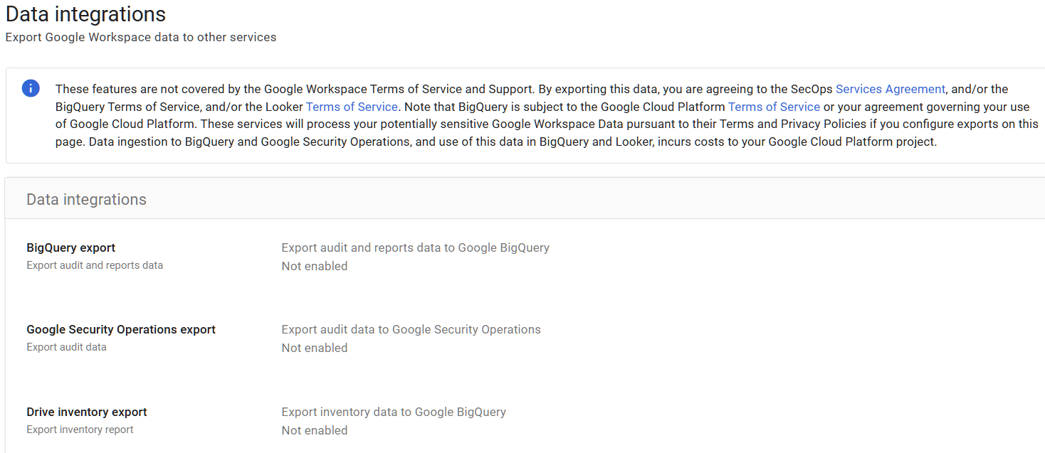 Google Admin Console screenshot: Audit Logs Exported to SIEM or BigQuery at Reporting > Audit and Investigation > BigQuery Export