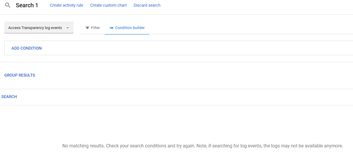 Google Admin Console screenshot: Access Transparency Logs Reviewed (Enterprise Plus) at Reporting > Audit and investigation > Access Transparency