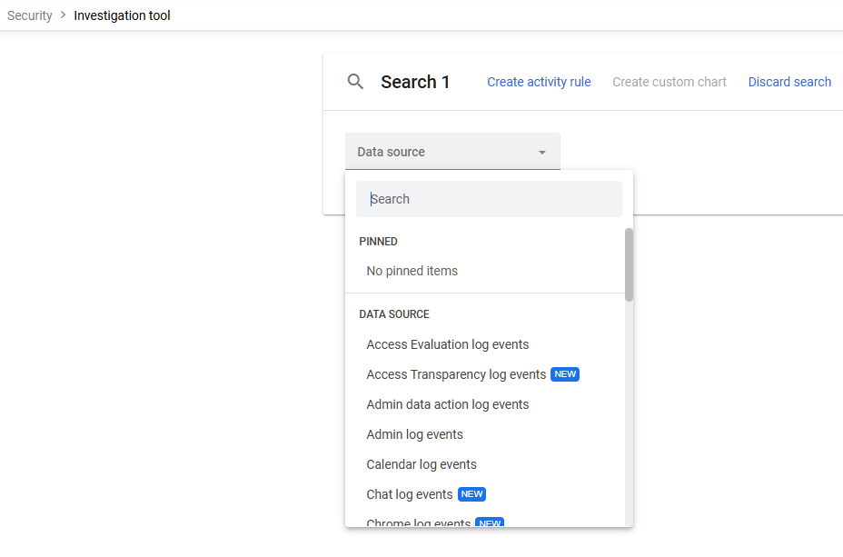 Google Admin Console screenshot: Security Investigation Tool Access Reviewed (Enterprise SKU Only) at Security > Security Center > investigation tool