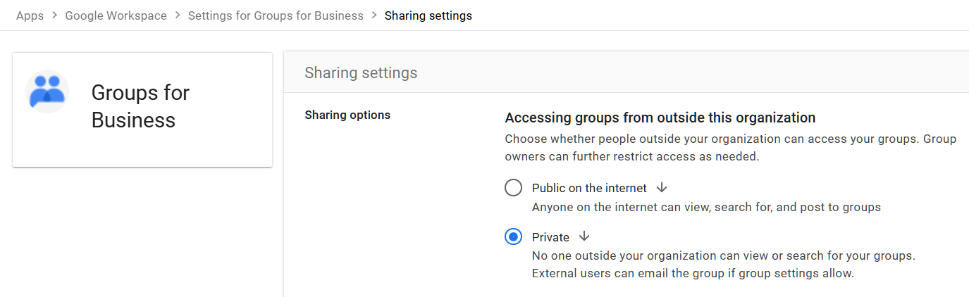 Google Admin Console screenshot: Group Access from Outside Organization Restricted at Apps > Google Workspace > Groups for Business > Sharing settings > Accessing groups from outside this organization
