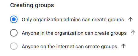 Google Admin Console screenshot: Group Creation Restricted to Admins at Apps > Google Workspace > Groups for Business > Sharing settings > Sharing options