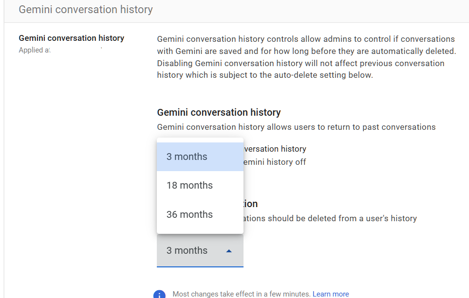 Google Admin Console screenshot: Gemini Conversation History Retention Reviewed at Generative AI > Gemini app > Gemini conversation history