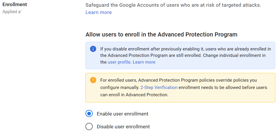 Google Admin Console screenshot: Advanced Protection Program Reviewed at Security > Authentication > Advanced Protection Program
