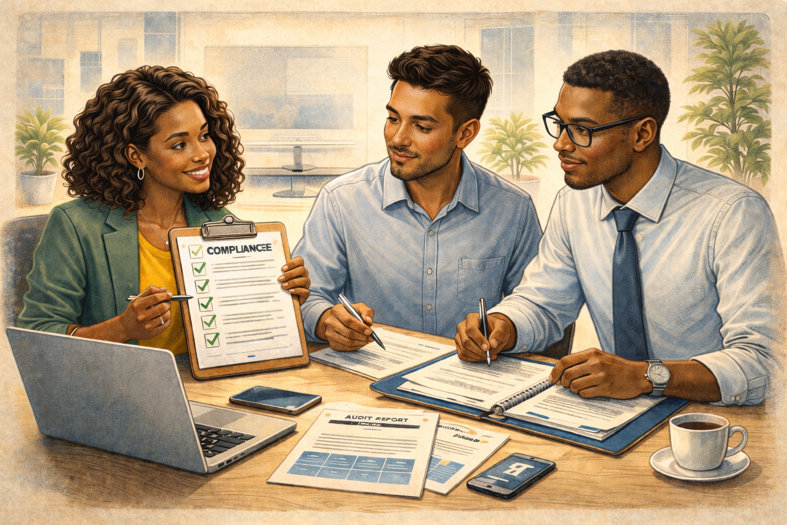 IT and compliance team reviewing SOC 2 audit checklist and security controls for first-time certification