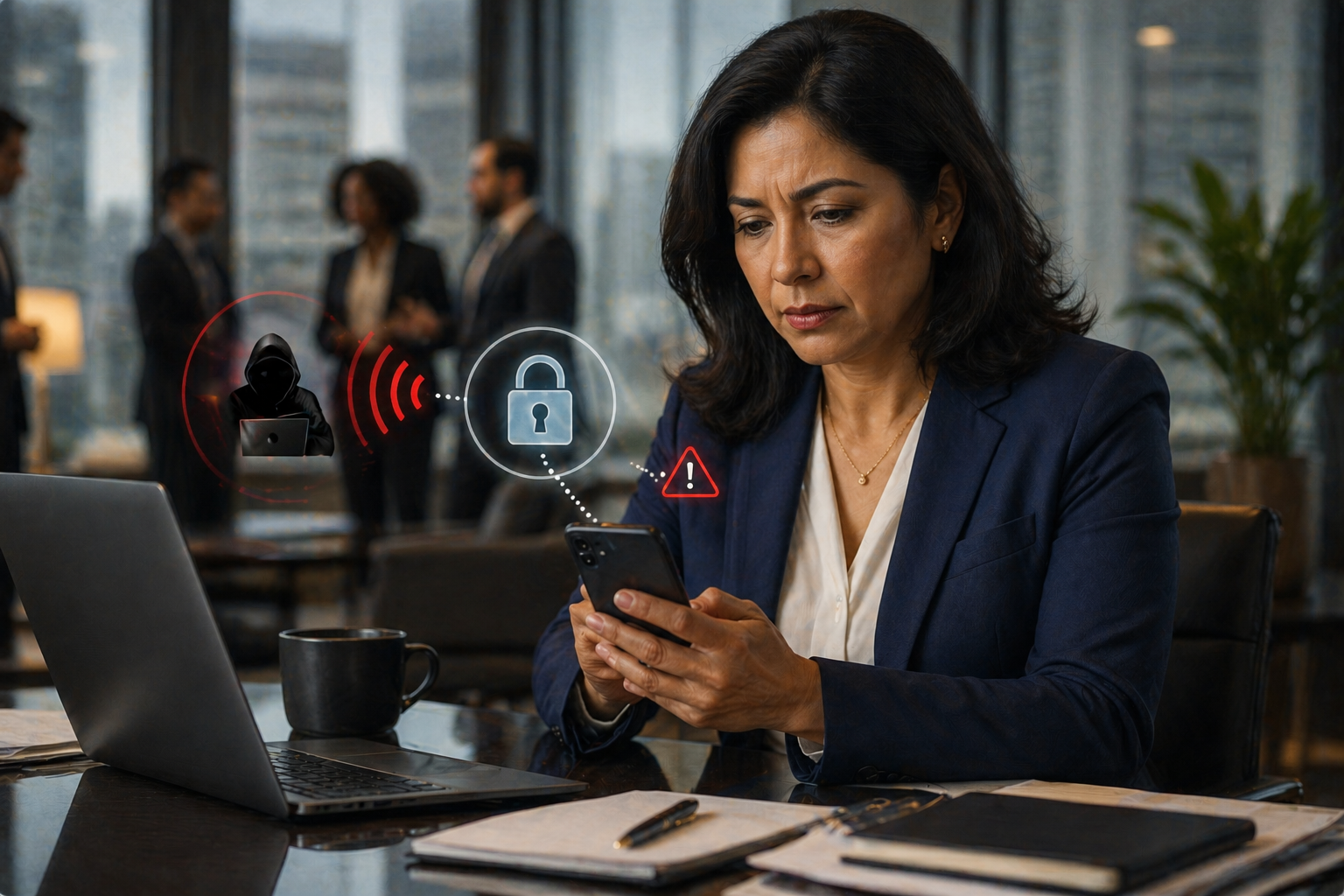 Business executive using a smartphone highlighting risks of SIM swapping and phone number security.