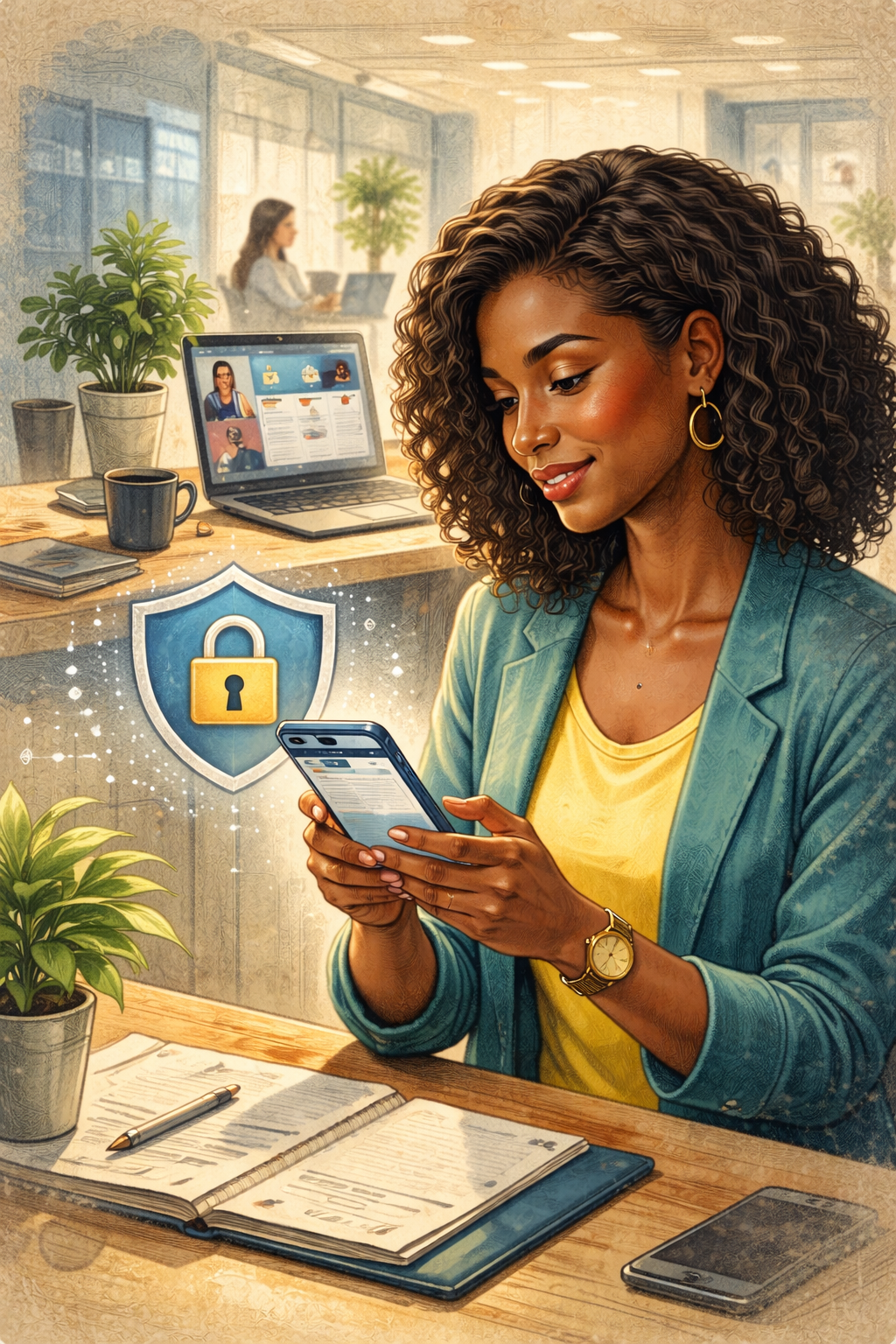 A professional using Outlook/Teams on a smartphone in a work setting