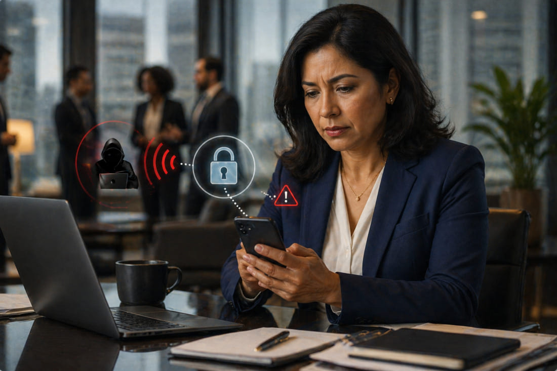Business executive using a smartphone highlighting risks of SIM swapping and phone number security.